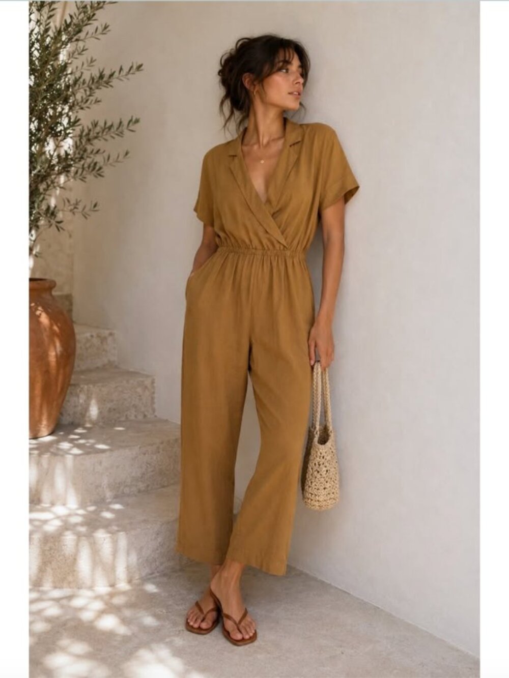 Linen Cotton Jumpsuit Tan Utility Minimalist Safari Core Capsule M Earthy Tones